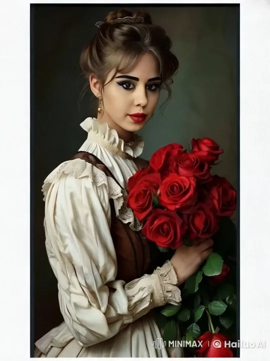 Vintage Elegance: Woman Admires Roses in Historic Setting – AI Generated Video | Hailuo AI