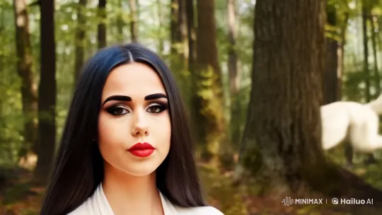 Woman with Striking Makeup Meets Majestic White Wolf – AI Generated Video | Hailuo AI