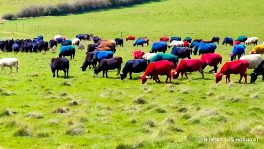 Colorful Sheep Graze in a Lush Meadow Landscape – AI Generated Video | Hailuo AI