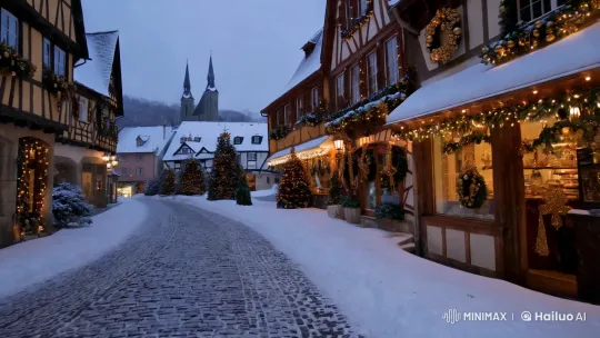 Snowy European Village Celebrates Christmas – AI Generated Video | Hailuo AI