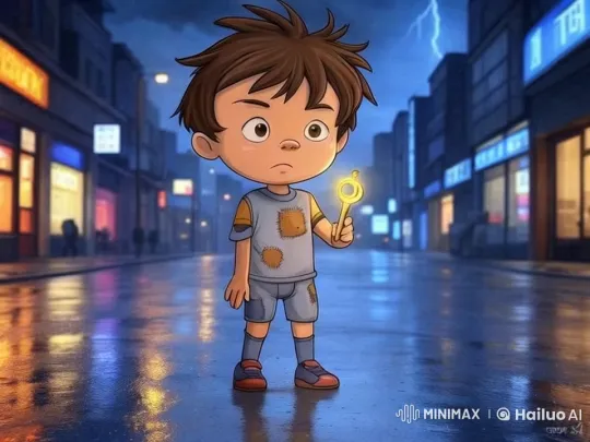 Boy with Key Amidst Neon City Streets – AI Generated Video | Hailuo AI