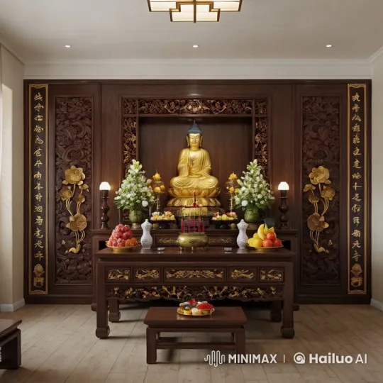 Tranquil Buddhist Altar with Golden Buddha and Ambient Decor – AI Generated Video | Hailuo AI