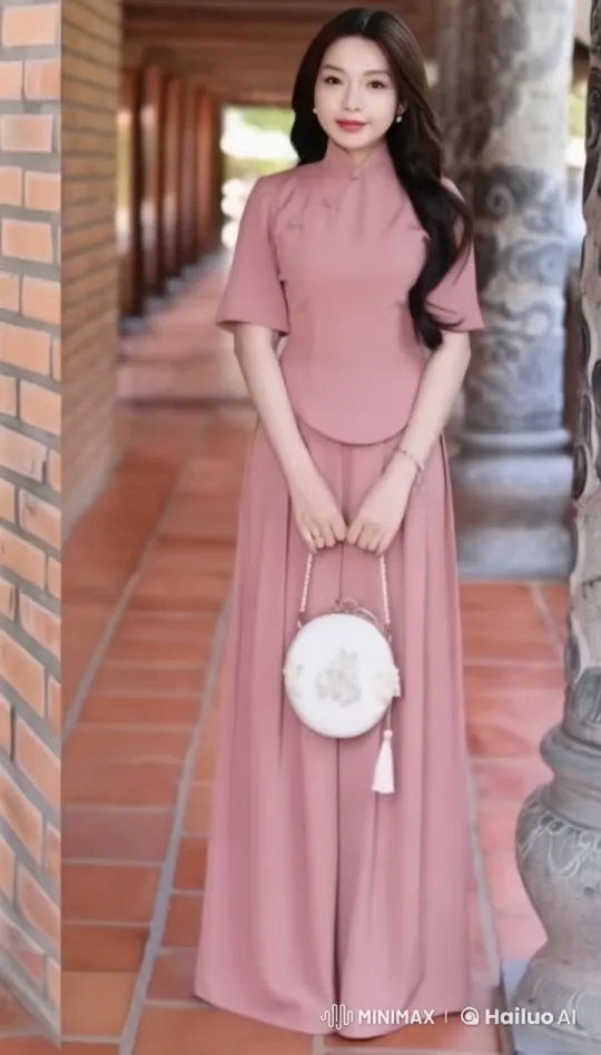 Graceful Woman in Peach Dress in Serene Corridor – AI Generated Video | Hailuo AI