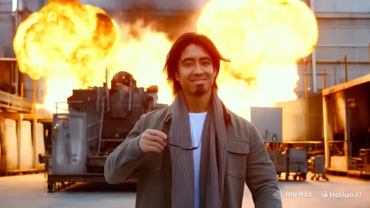 Man Walks Unfazed Through Massive Explosion in Industrial Warehouse – AI Generated Video | Hailuo AI