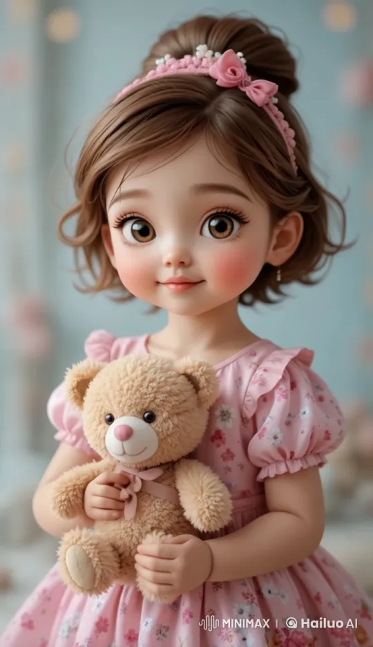 Cheerful Girl with Teddy Bear in Pastel Setting – AI Generated Video | Hailuo AI