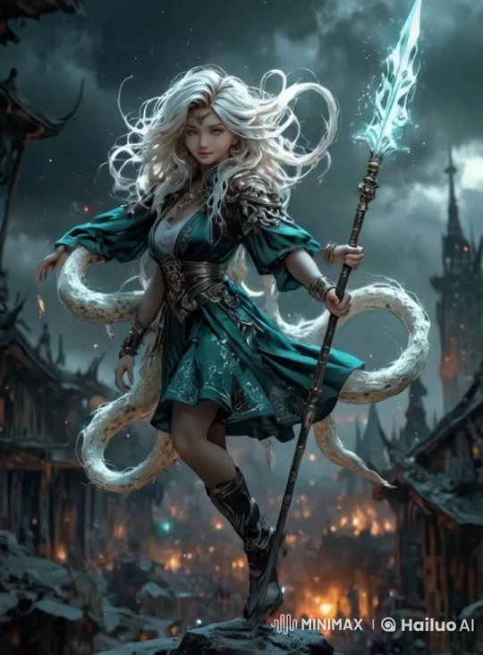 Fantasy Anime Girl in Enchanting Sky with Burning City Background – AI Generated Video | Hailuo AI