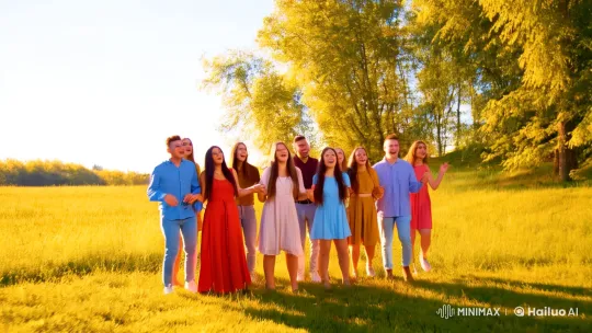Friends Dance Joyously in Sunlit Meadow Celebration – AI Generated Video | Hailuo AI