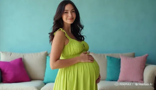 Pregnant Woman in Green Dress Comfortably Engages Audience – AI Generated Video | Hailuo AI