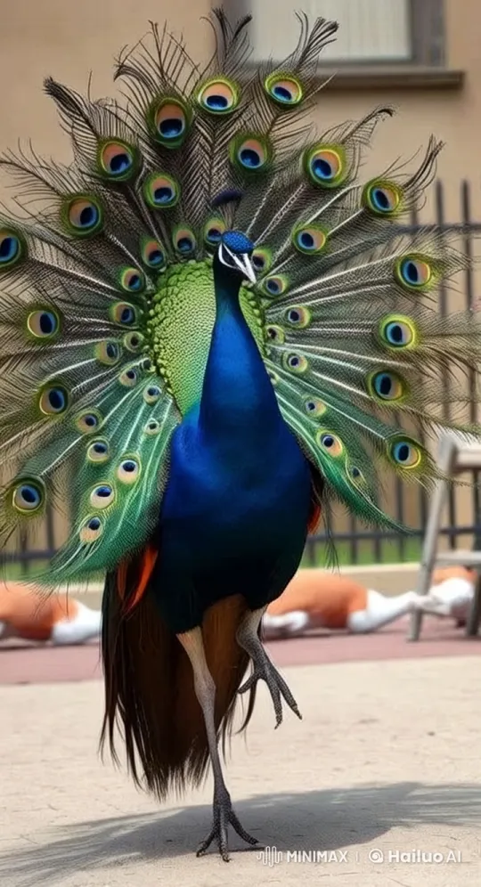 Peacock Startled by Its Shadow in Graceful Dance – AI Generated Video | Hailuo AI