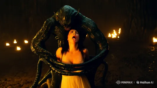 Sinister Demon Confronts Distressed Woman in Dark Cavern – AI Generated Video | Hailuo AI