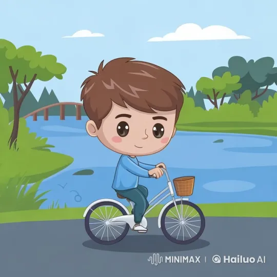 Boy Rides Bicycle Along Scenic Riverside Path – AI Generated Video | Hailuo AI