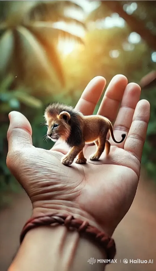 Miniature Lion Cub in Gentle Palm Interaction – AI Generated Video | Hailuo AI