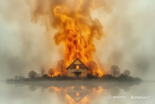 House Fire and Its Reflection on a Calm Lake – AI Generated Video | Hailuo AI