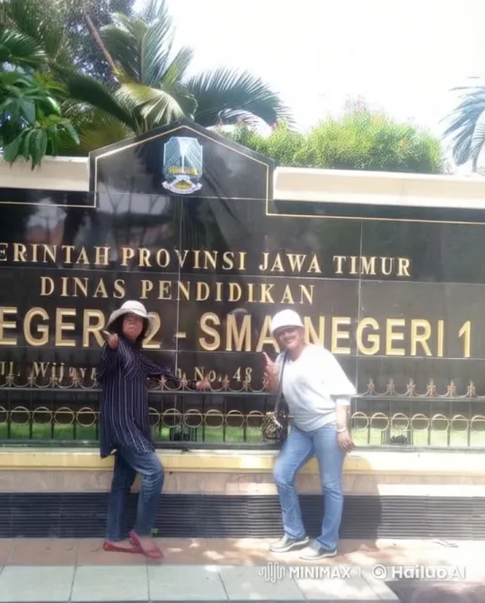 Two Individuals Enthusiastically Pose in Front of a School Sign – AI Generated Video | Hailuo AI
