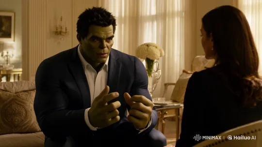 Hulk in Elegant Living Room Discusses with French Woman – AI Generated Video | Hailuo AI