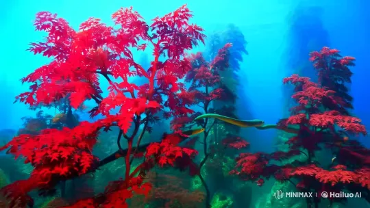 Underwater Ballet in a Red-Leaved Forest Wonderland – AI Generated Video | Hailuo AI