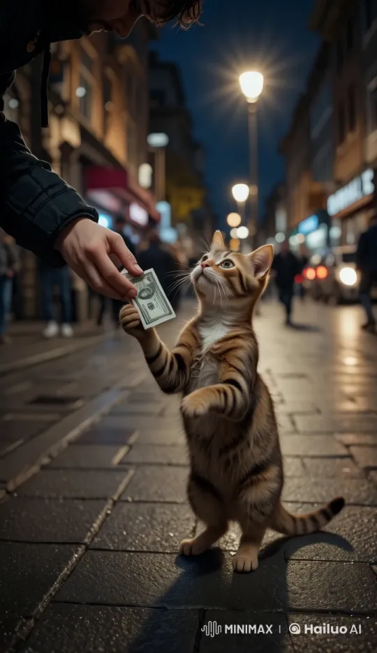 Stranger Gives Money to Grateful Stray Cat – AI Generated Video | Hailuo AI