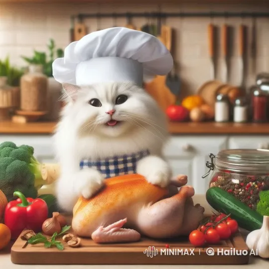 Cat Chef Prepares Veggie-Enhanced Chicken Dish – AI Generated Video | Hailuo AI