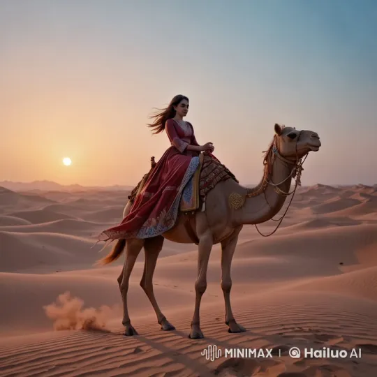 Woman in Red Dress Rides Camel Through Desert at Sunset – AI Generated Video | Hailuo AI