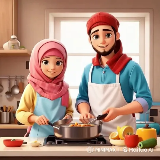 Cozy Kitchen Scene: Hijab-Wearing Woman and Red-Beanie Man Cook Together – AI Generated Video | Hailuo AI
