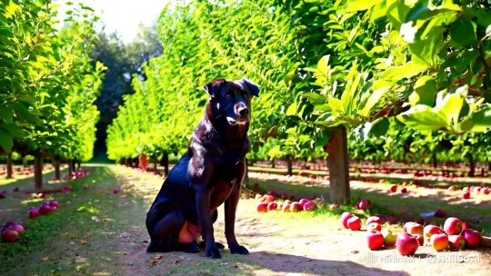 Dog Enjoys Crunchy Apple in Lush Orchard Scene – AI Generated Video | Hailuo AI