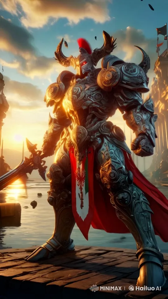 Warrior in Gleaming Armor on Sunset Stone Platform – AI Generated Video | Hailuo AI