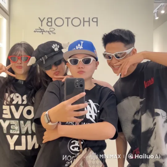 Friends Capturing a Playful Group Selfie in a Photography-Themed Setting – AI Generated Video | Hailuo AI