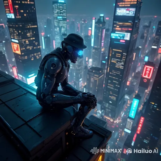 Cyborg Detective Scans City from Rooftop – AI Generated Video | Hailuo AI