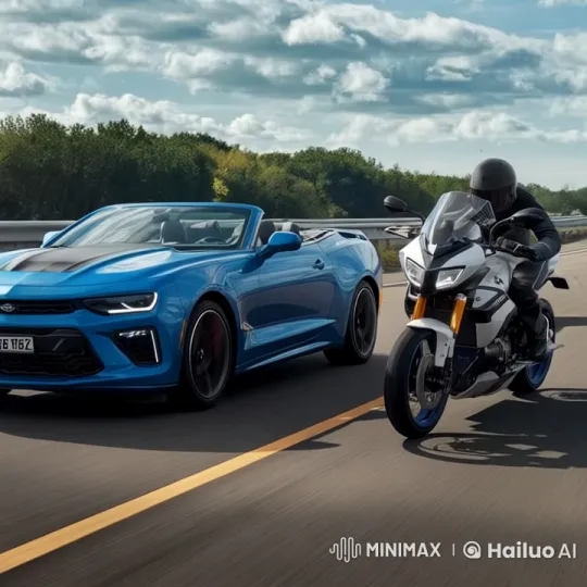 Sports Car and Motorcyclist Camaraderie on Scenic Highway – AI Generated Video | Hailuo AI