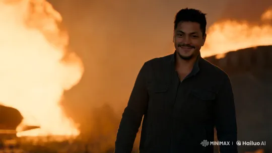 Man Walks Confidently Amidst Chaotic Explosion – AI Generated Video | Hailuo AI