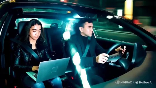 High-Tech Chase: Professional Duo in Stealthy Night Drive – AI Generated Video | Hailuo AI