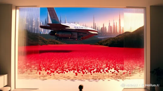 Astronaut Witnesses Spacecraft's Graceful Landing Amid Red Heart Garden – AI Generated Video | Hailuo AI