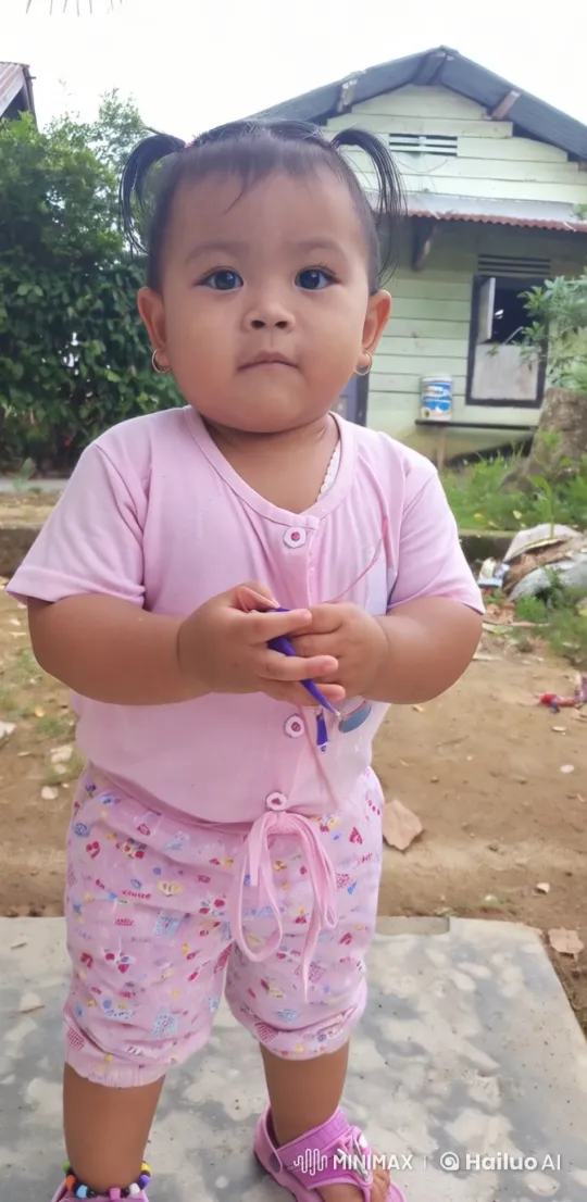 Child's Joyful Dance in Pastel Outfit Against Greenery – AI Generated Video | Hailuo AI
