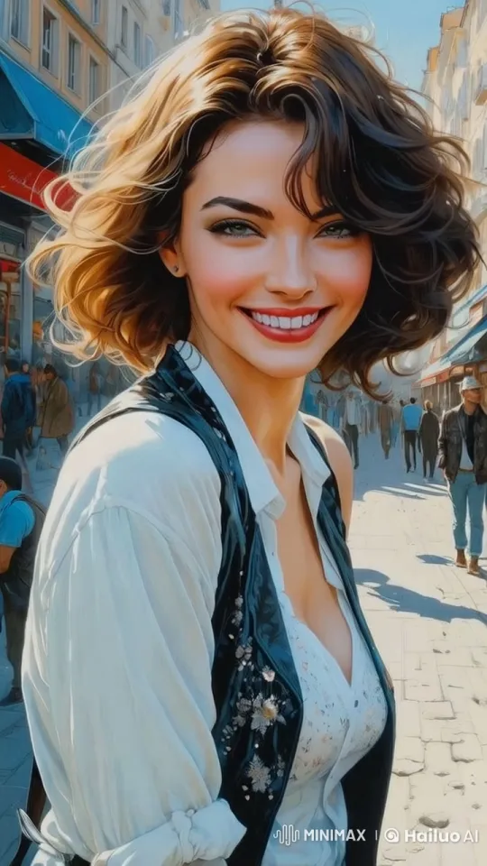 Joyful Woman in Floral Vest on Bustling City Street – AI Generated Video | Hailuo AI