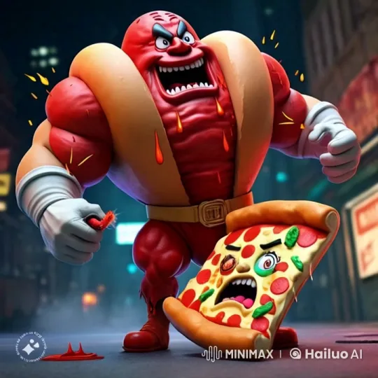 Maniacal Hotdog and Rabid Pizza Cause Nighttime Chaos – AI Generated Video | Hailuo AI