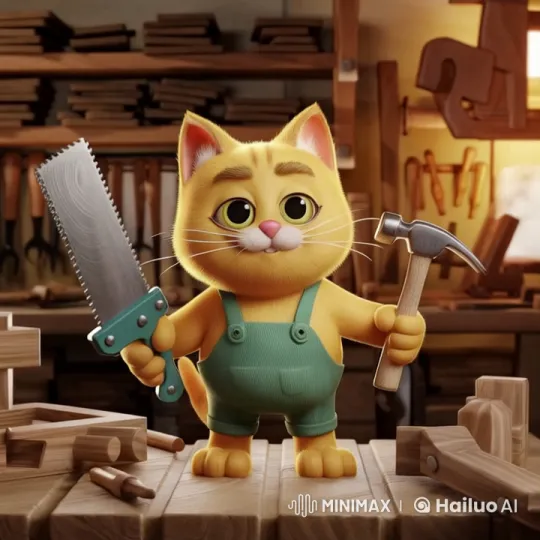 Anthropomorphic Cat Crafts in Cozy Woodworking Workshop – AI Generated Video | Hailuo AI