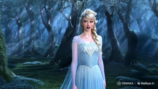 Elsa-Taylor Fusion in Enchanted Forest Panorama – AI Generated Video | Hailuo AI
