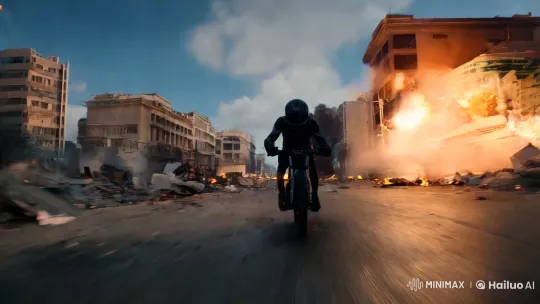 Thrilling POV Bike Ride Through War-Torn Cityscape – AI Generated Video | Hailuo AI