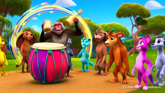 Animals Dance to Enthusiastic Baboon's Drumming – AI Generated Video | Hailuo AI