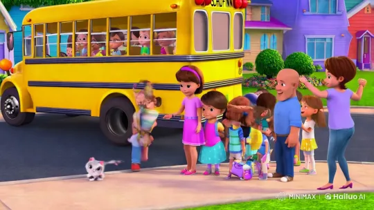 Bebefinn and Friends Board a School Bus in Cheerful Suburb – AI Generated Video | Hailuo AI