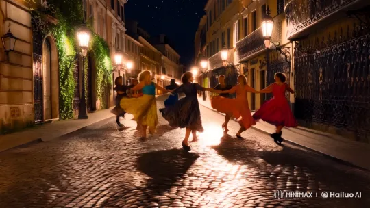 Vibrant City Dance: Synchronized Grace Under Vintage Lights – AI Generated Video | Hailuo AI