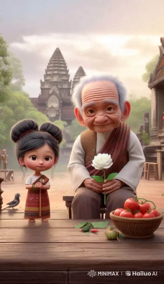 Elderly Man and Young Girl Enjoy Serene Moment in Traditional Attire – AI Generated Video | Hailuo AI