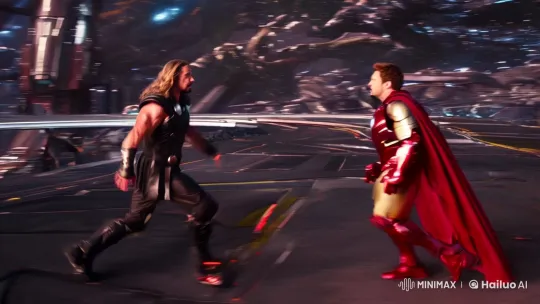 Dynamic Battle: Iron Man vs. Thor in Futuristic Landscape – AI Generated Video | Hailuo AI