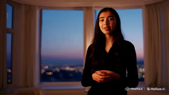Intimate Portrait: Jeissi's Poised Elegance Amidst Twilight Cityscape – AI Generated Video | Hailuo AI