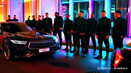 Elite Men Admire a Confident Driver in Urban Night Scene – AI Generated Video | Hailuo AI