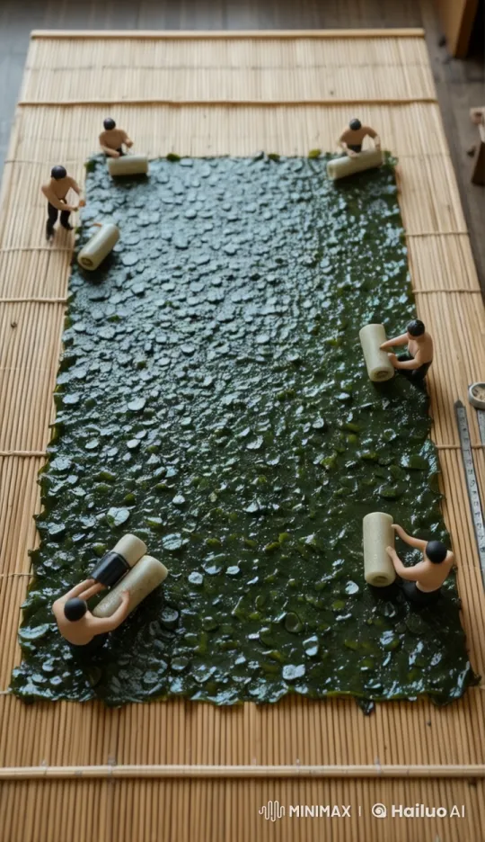 Live2D Animation: Figurines Rolling Seaweed on Bamboo Mat – AI Generated Video | Hailuo AI