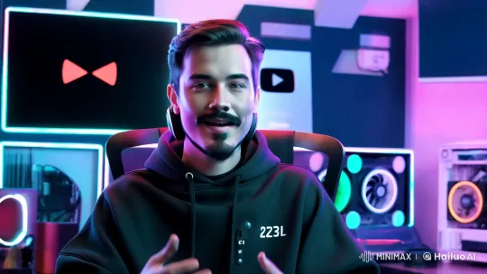 Futuristic AI Host Showcases Storytelling in High-Tech Studio – AI Generated Video | Hailuo AI