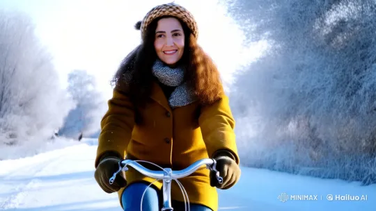 Woman Rides Bicycle Through Serene Snowy Landscape – AI Generated Video | Hailuo AI
