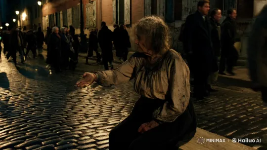 Elegant Man Helps Destitute Woman on Cobblestone Street – AI Generated Video | Hailuo AI
