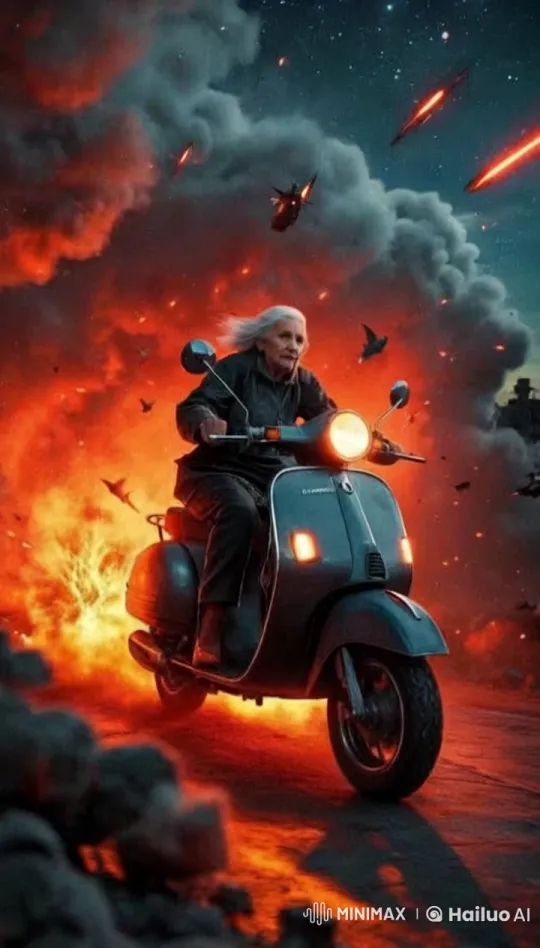 Senior Woman Evades Chaos on a Vespa in Apocalyptic Setting – AI Generated Video | Hailuo AI